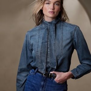 Denim tie-neck blouse